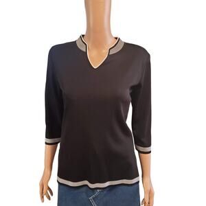 Exclusively Misook Size PXS XS Petite Black Pullover Top V Neck White Contrast